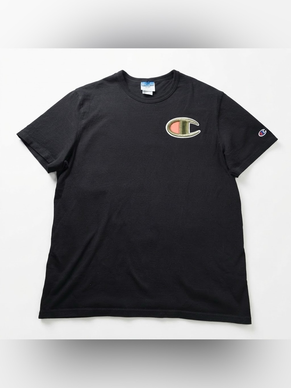 Champion Embroidered Patch Short Sleeve T-Shirt (Black, Size Large)